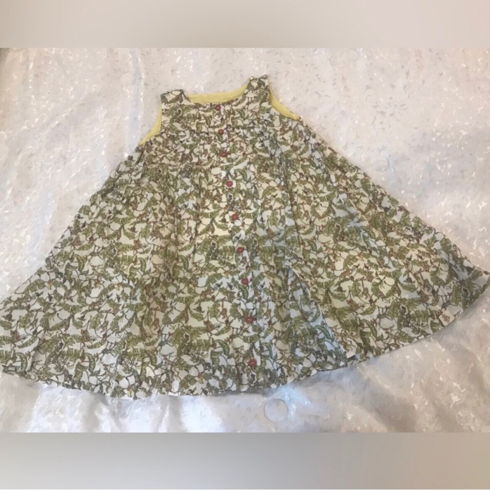 Bijou Sauvage Green Botanical Print Sleeveless Dress with Yellow Trim NWT